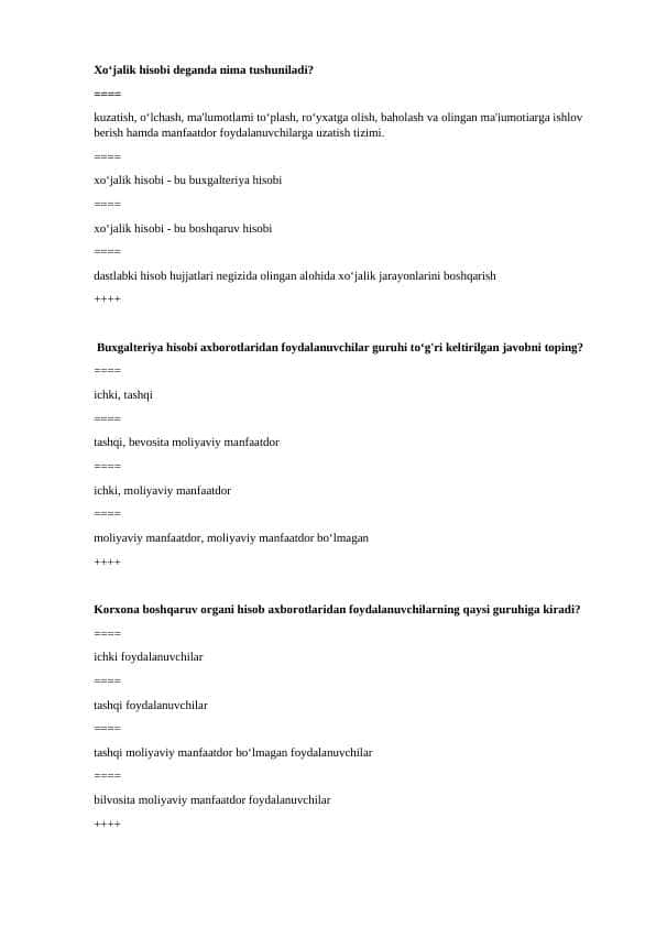 boshqaruv hisobi test savollar javoblar bilan