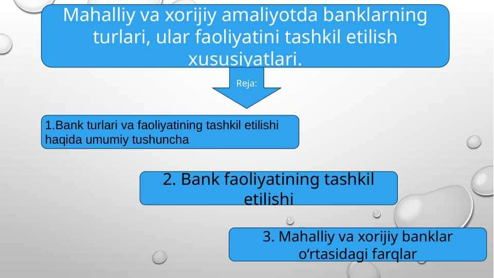 Mahalliy va xorijiy amaliyotda banklarning turlari, ular faoliyatini tashkil etilish xususiyatlari. t.pptx