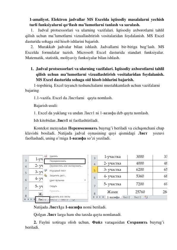 Elektron jadvallar MS Excelda iqtisodiy masalalarni yechish turli funksiyalarni qoʻllash maʼlumotlarni tanlash va saralash