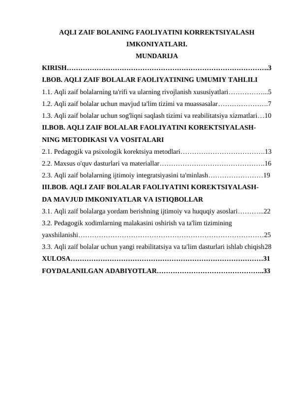 AQLI ZAIF BOLANING FAOLIYATINI KORREKTSIYALASH IMKONIYATLARI.