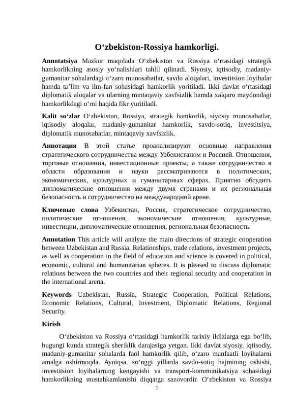 O‘zbekiston-Rossiya hamkorligi. MAQ.docx