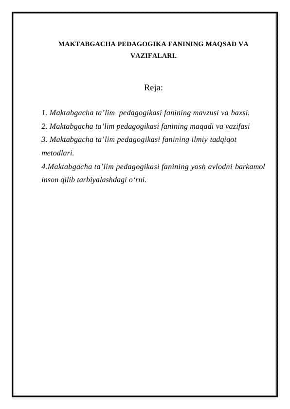 MAKTABGACHA PEDAGOGIKA FANINING MAQSAD VA VAZIFALARI.