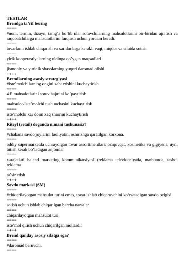 Brending yakuniy savollar