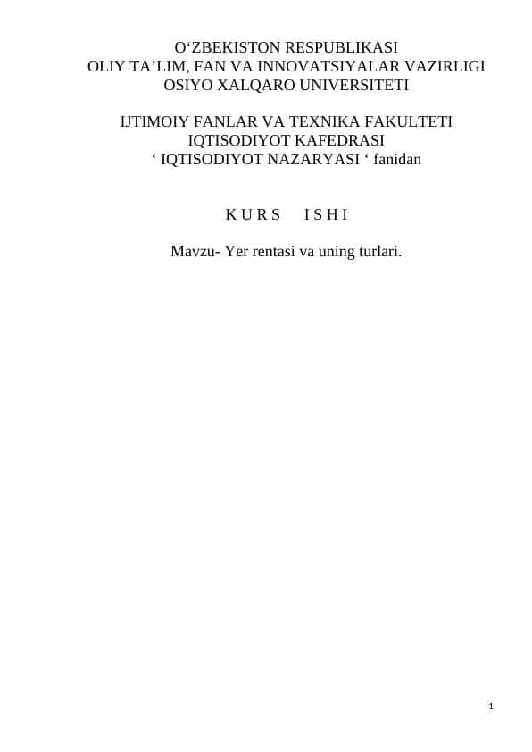 : Yer rentasi va uning turlari.