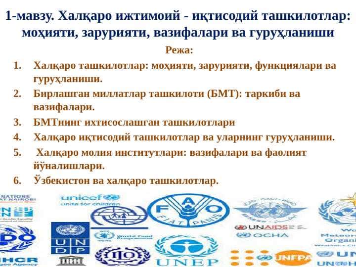 Халқаро ижтимоий - иқтисодий ташкилотлар: моҳияти, зарурияти, вазифалари ва гуруҳланиши