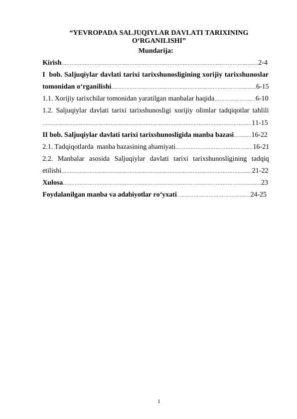SALJUQIYLAR DAVLATI TARIXI TARIXSHUNOSLIGI