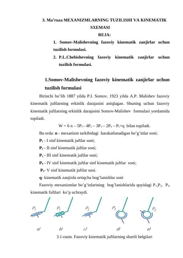 MEXANIZMLARNING TUZILISHI VA KINEMATIK SXEMASI