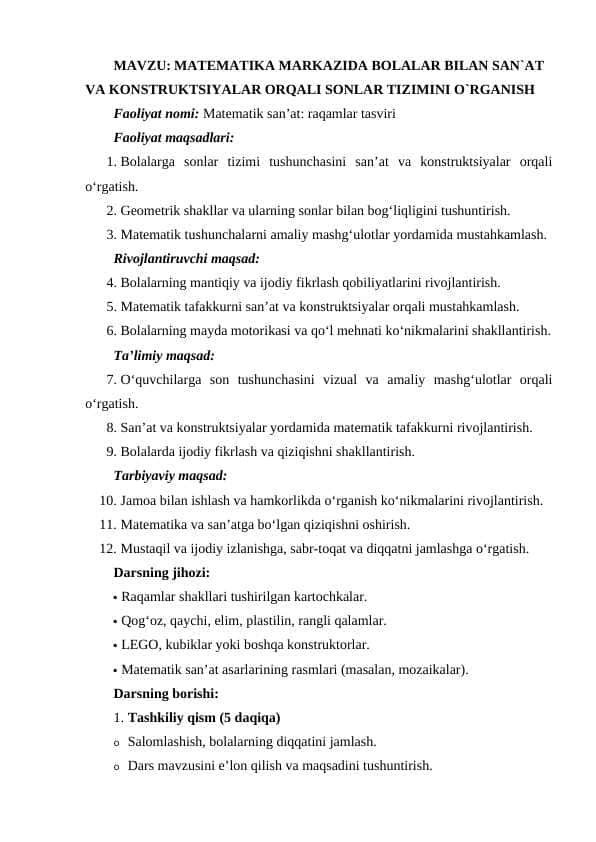 MATEMATIKA MARKAZIDA BOLALAR BILAN SAN`AT VA KONSTRUKTSIYALAR ORQALI SONLAR TIZIMINI O`RGANISH