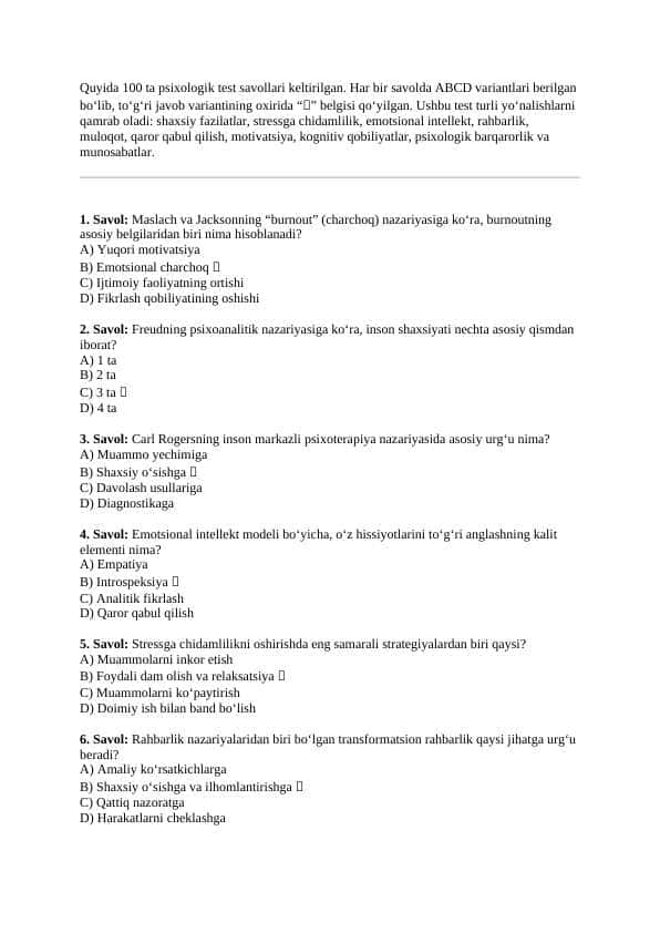 Psixalogik test 100 TA JAVOBLARI BILAN