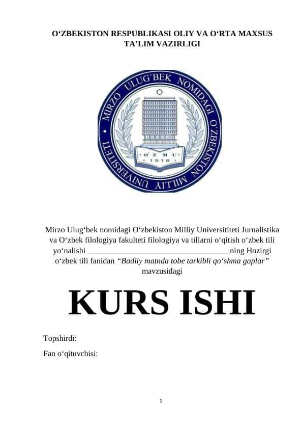 "Badiiy matnda tobe tarkibli qo‘shma gaplar" mavzusida KURS ISHI