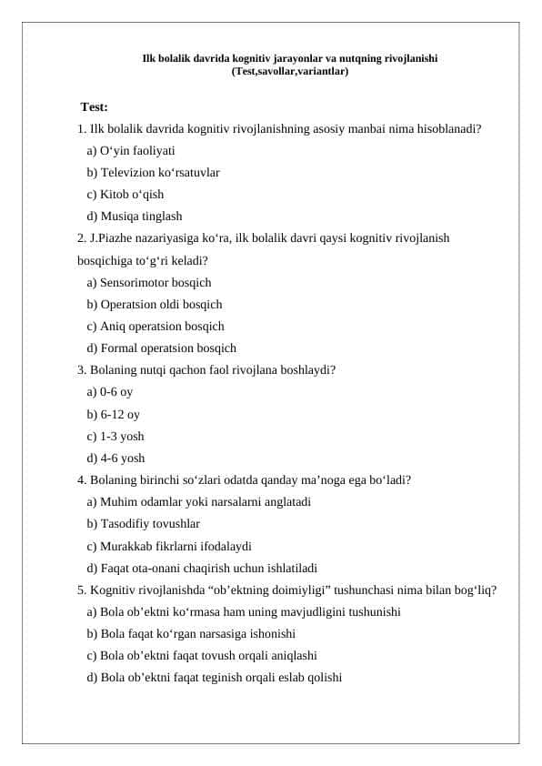 Ilk bolalik davrida kognitiv jarayonlar va nutqning rivojlanishi (Test,savollar,variantlar)