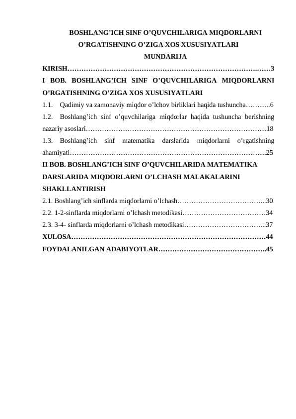 BOSHLANG’ICH SINF O’QUVCHILARIGA MIQDORLARNI O’RGATISHNING O’ZIGA XOS XUSUSIYATLARI