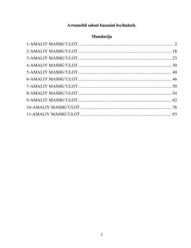 Avtomobil saloni bazasini loyihalash