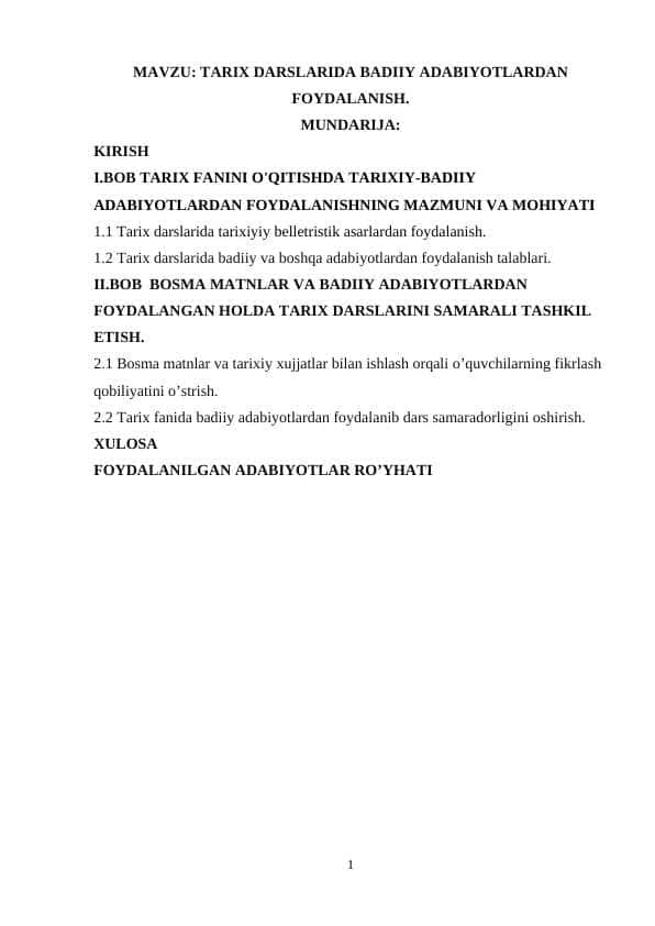 TARIX DARSLARIDA BADIIY ADABIYOTLARDAN FOYDALANISH.