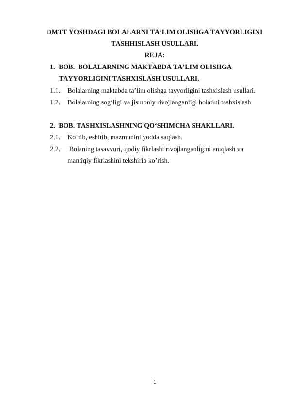 DMTT YOSHDAGI BOLALARNI TA’LIM OLISHGA TAYYORLIGINI TASHHISLASH USULLARI