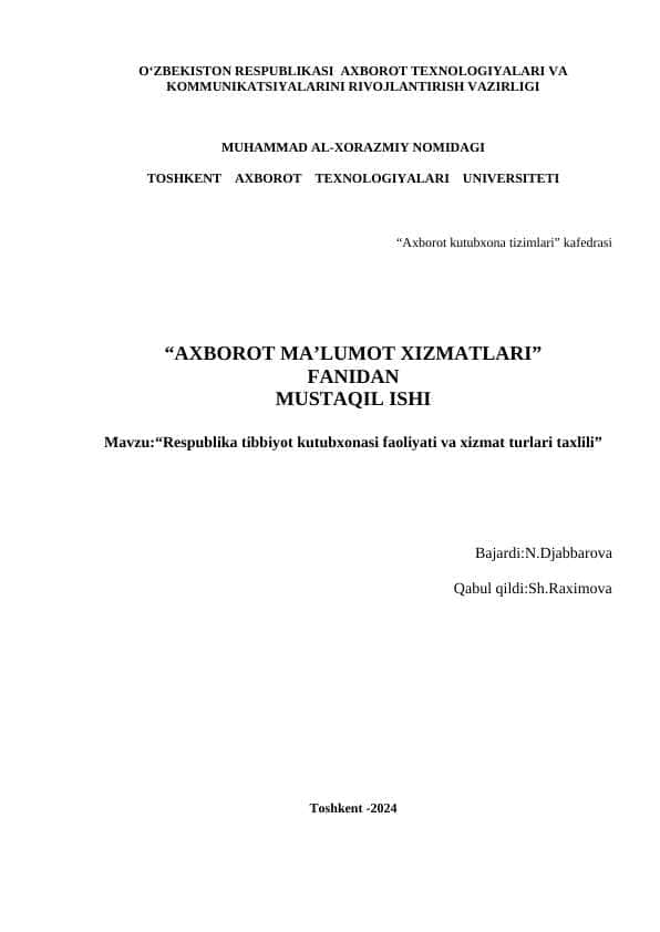 Respublika tibbiyot kutubxonasi faoliyati va xizmat turlari taxlili
