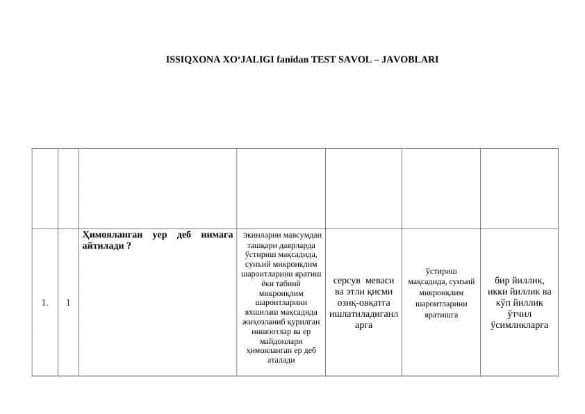 ISSIQXONA XO‘JALIGI fanidan TEST SAVOL – JAVOBLARI