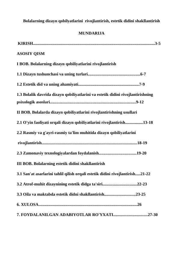 Bolalarning dizayn qobilyatlarini rivojlantirish, estetik didini shakllantirish