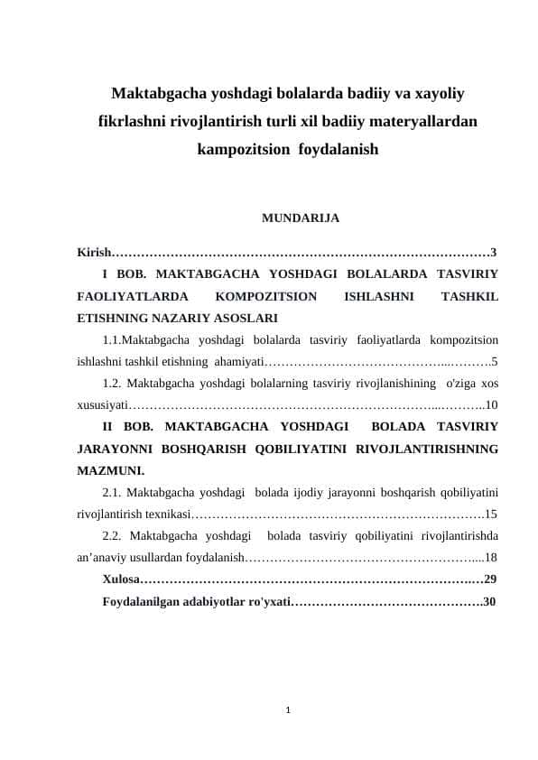 Maktabgacha yoshdagi bolalarda badiiy va xayoliy fikrlashni rivojlantirish turli xil badiiy materyallardan kampozitsion foydalanish