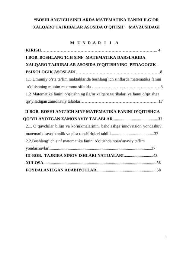 BOSHLANG'ICH SINFLARDA MATEMATIKA FANINI ILG'OR XALQARO TAJRIBALAR ASOSIDA O'QITISH