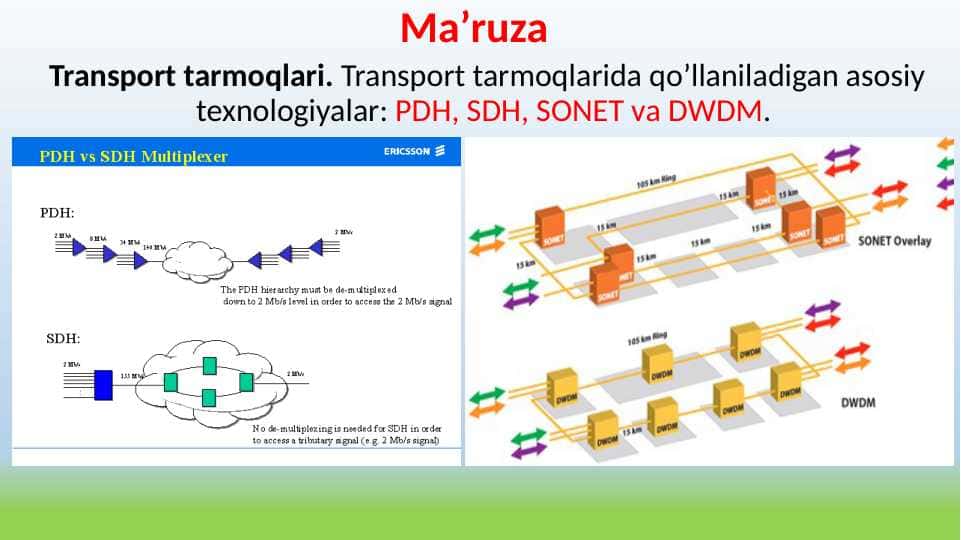 Transport tarmoqlari. Transport tarmoqlarida qo’llaniladigan asosiy texnologiyalar: PDH, SDH, SONET va DWDM.