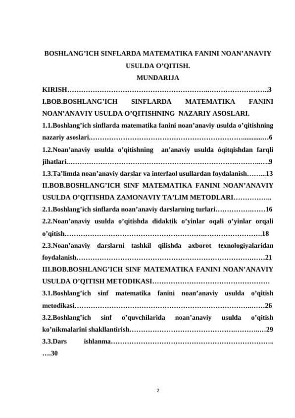 BOSHLANG’ICH SINFLARDA MATEMATIKA FANINI NOAN’ANAVIY USULDA O’QITISH