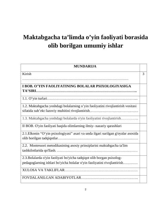 Maktabgacha ta’limda o’yin faoliyati borasida olib borilgan umumiy ishlar