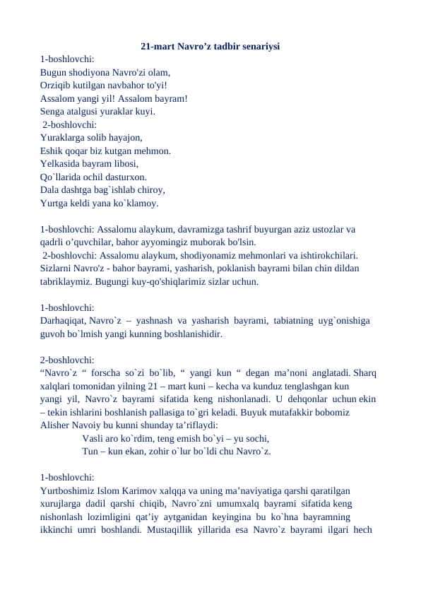 21-mart Navro’z tadbir senariysi