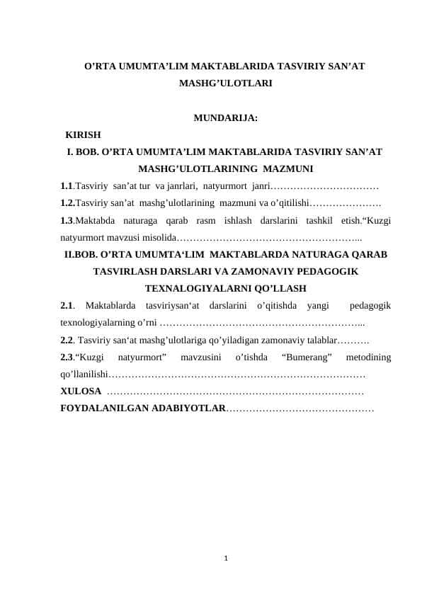 O’RTA UMUMTA’LIM MAKTABLARIDA TASVIRIY SAN’AT MASHG’ULOTLARI