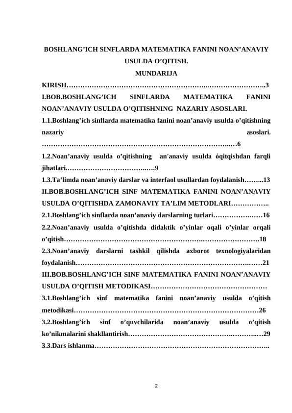 BOSHLANG’ICH SINFLARDA MATEMATIKA FANINI NOAN’ANAVIY USULDA O’QITISH