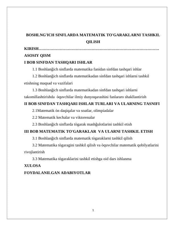 BOSHLNG'ICH SINFLARDA MATEMATIK TO'GARAKLARNI TASHKIL QILISH