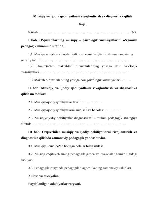 Musiqiy va ijodiy qobiliyatlarni rivojlantirish va diagnostika qilish