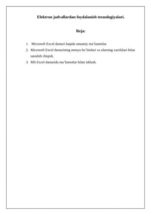 Elektron jadvallardan foydalanish texnologiyalari