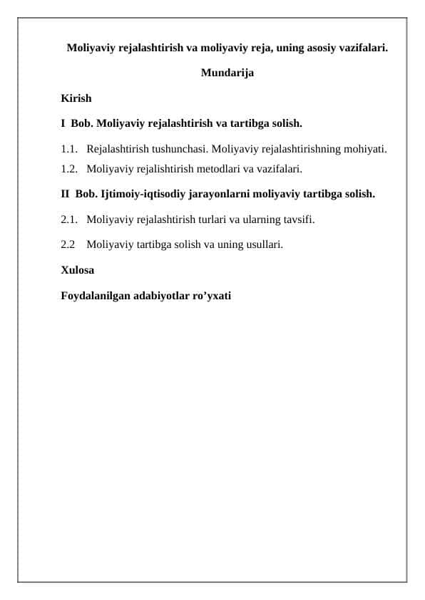 Moliyaviy rejalashtirish va moliyaviy reja, uning asosiy vazifalari