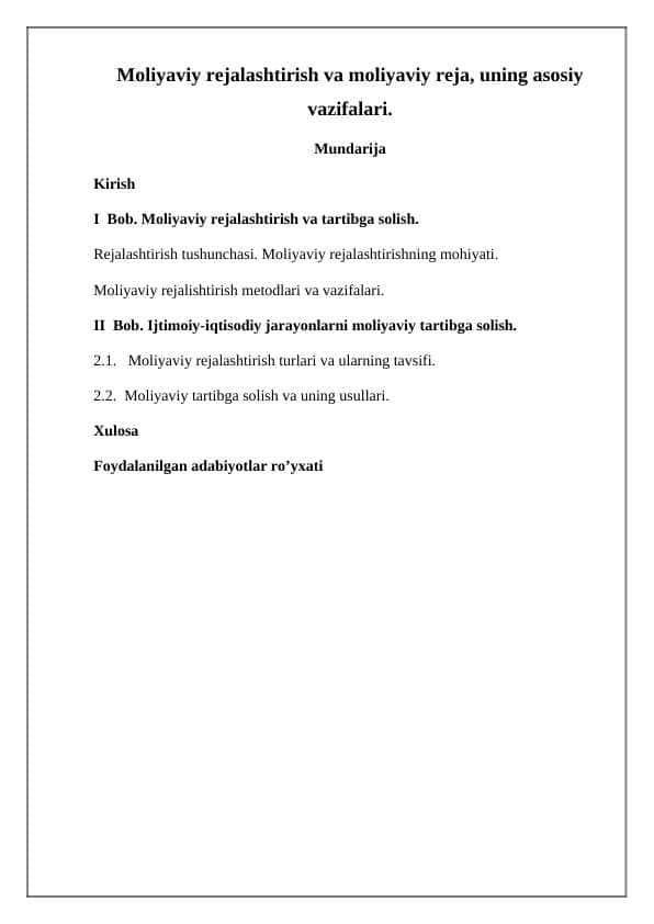 Moliyaviy rejalashtirish va moliyaviy reja, uning asosiy vazifalari 01