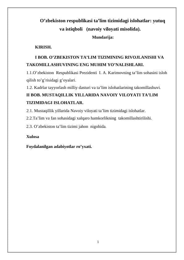 O’zbekiston respublikasi ta’lim tizimidagi islohatlar yutuq va istiqboli