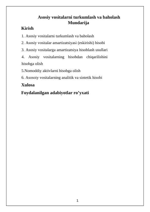 Asosiy vositalarni turkumlash va baholash