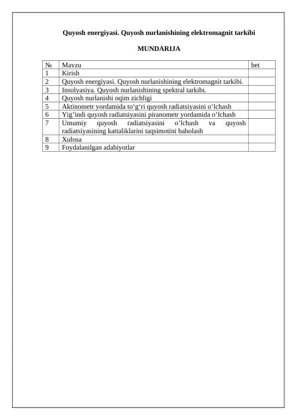 Quyosh energiyasi. Quyosh nurlanishining elektromagnit tarkibi