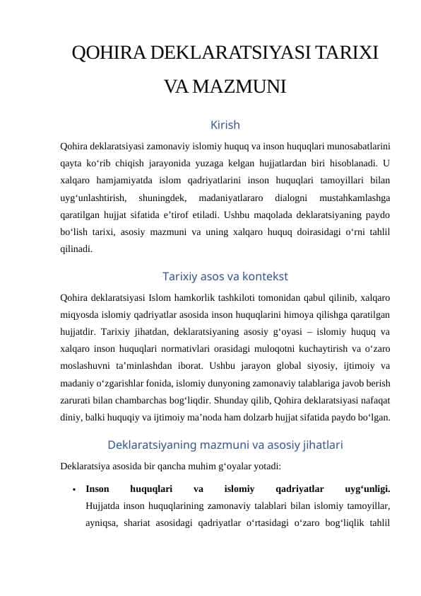 QOHIRA DEKLARATSIYASI TARIXI VA MAZMUNI