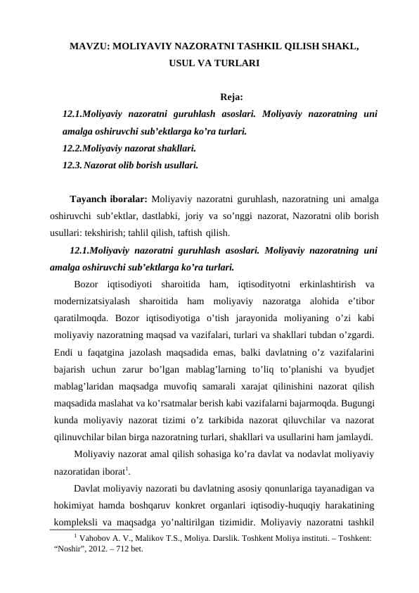 MOLIYAVIY NAZORATNI TASHKIL QILISH SHAKL, USUL VA TURLARI