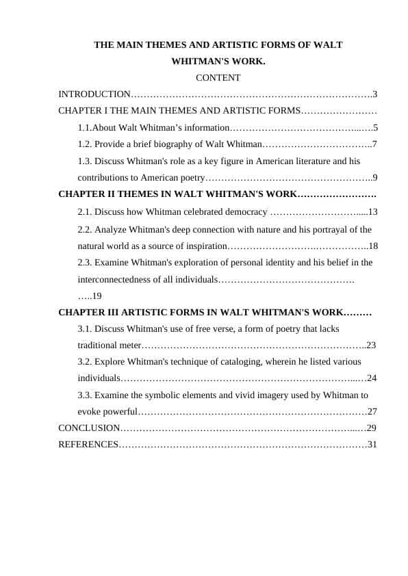 THE MAIN THEMES AND ARTISTIC FORMS OF WALT WHITMAN'S WORK