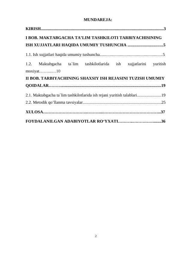 Maktabgacha ta’lim tashkilotlarida o’quv, metodik hujjatlarini yuritish