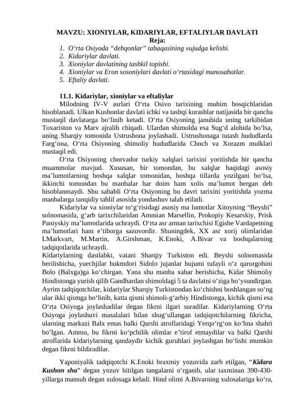 XIONIYLAR, KIDARIYLAR, EFTALIYLAR DAVLATI