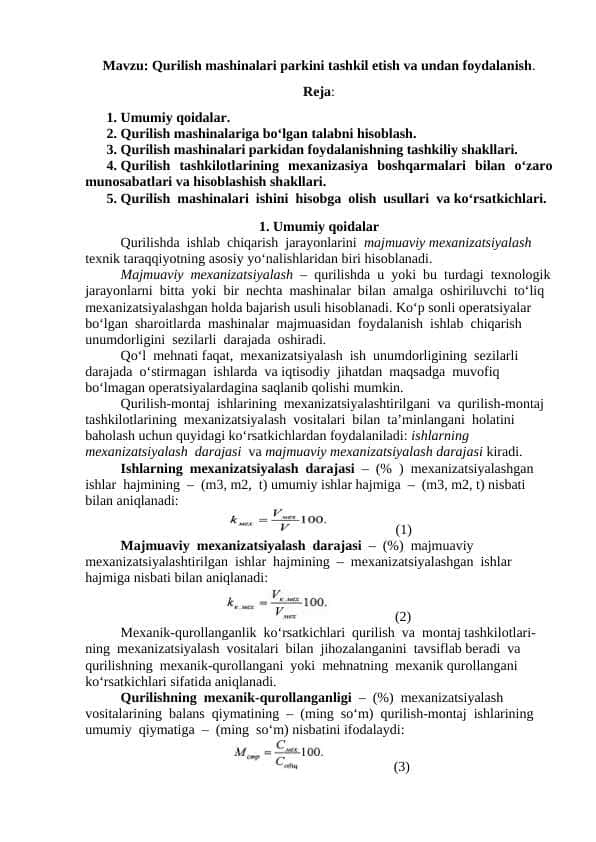 Qurilish mashinalari parkini tashkil etish va undan foydalanish