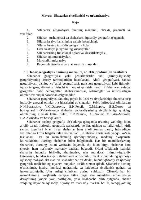 Shaxarlar rivojlanishi va urbanizatsiya
