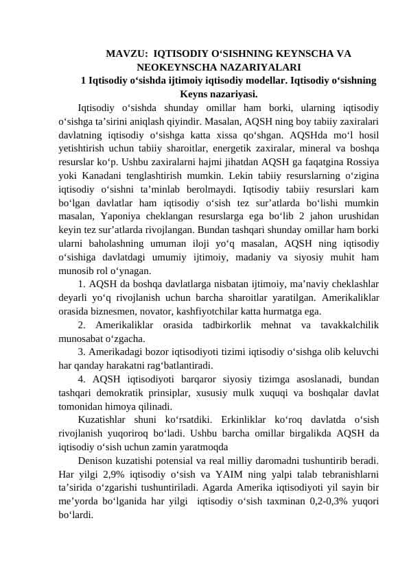 IQTISODIY O‘SISHNING KEYNSCHA VA NEOKEYNSCHA NAZARIYALARI