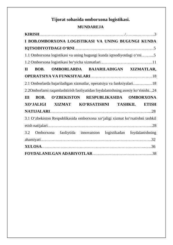 Tijorat sohasida omborxona logistikasi.