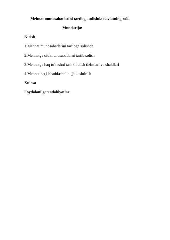Mehnat munosabatlarini tartibga solishda davlatning roli