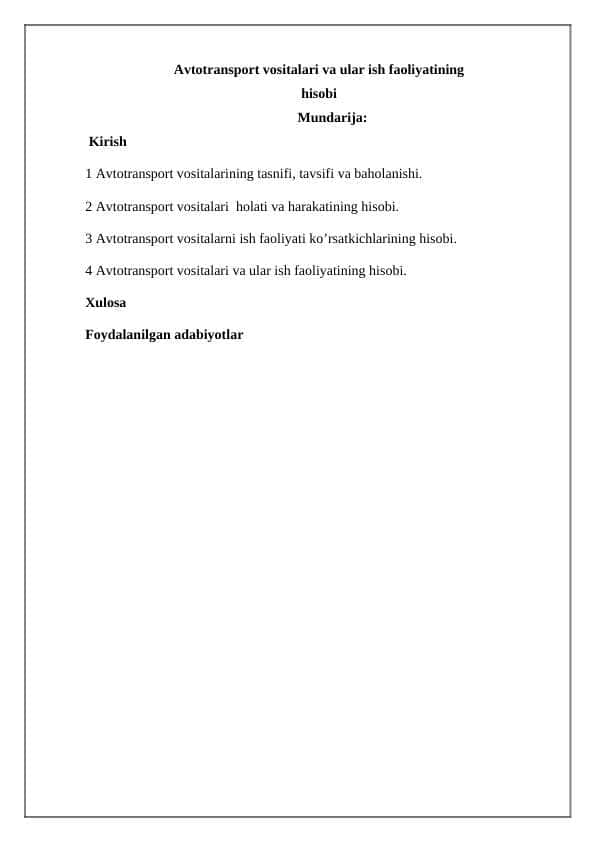 Аvtotransport vositalari va ular ish faoliyatining