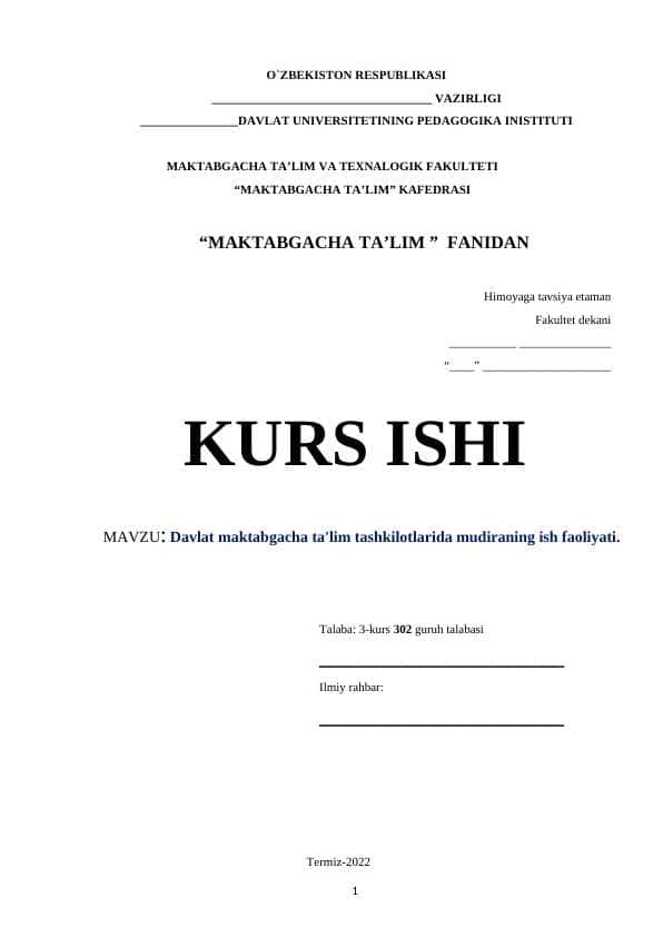 Davlat maktabgacha ta'lim tashkilotlarida mudiraning ish faoliyati
